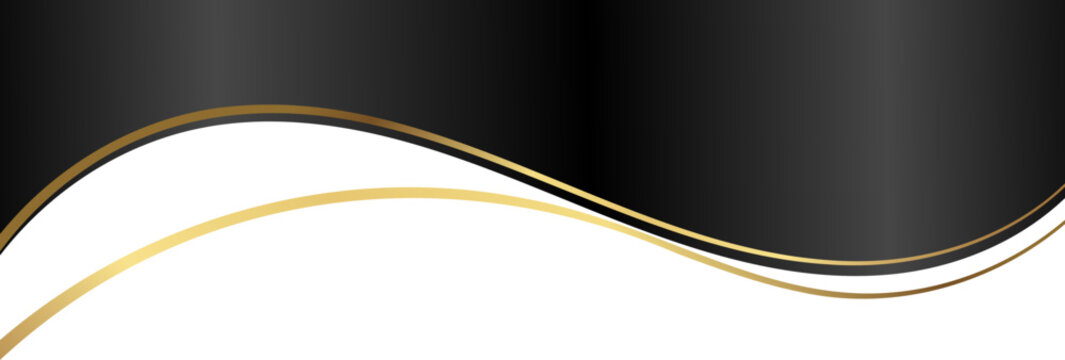 Luxury black and gold foil corner border with elegant metallic midnight edge overlay, smooth curve and ribbon trim for premium packaging, invitations, labels and background designs.