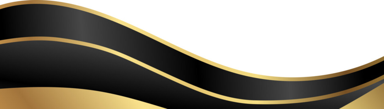 Luxury black and gold foil corner border with elegant metallic elegant black frame, smooth curve and ribbon trim for premium packaging, invitations, labels and background designs.