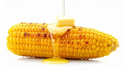 Grilled Corn on the Cob with Melting Butter Dripping Down Kernels on White Background Symbolizing Summer Flavor Rustic Cuisine and Festive Food Styling for Editorial and Lifestyle Use