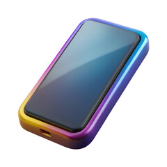 Glossy plastic 3D smartphone with shiny black screen, colorful surface, cartoon plastic style, isolated on transparent background
