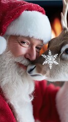 Smiling mature caucasian male santa with reindeer by fireplace in cozy christmas setting