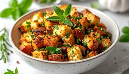 Bowl of Seasoned Croutons with Herbs and Garlic on White Background Symbolizing Homemade Flavor Culinary Craftsmanship and Gourmet Food Styling for Editorial and Lifestyle Use