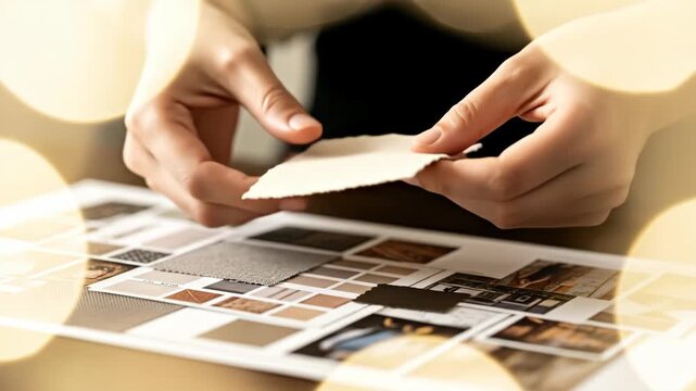 A person interacting with design samples and mood boards, showcasing creativity and attention to detail in a collaborative workspace for project planning and brainstorming.