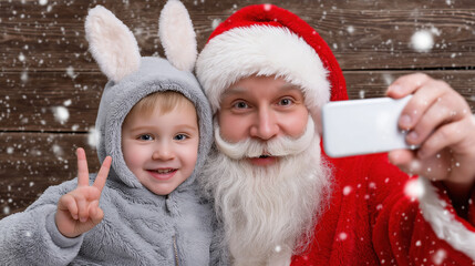 Smiling santa and child in bunny costume taking selfie in snowy scene