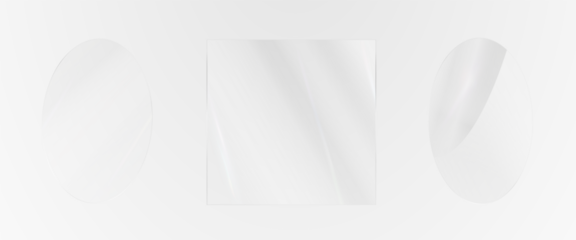 Glass effect, set of mirrors on transparent background, transparent glass showcase, mirror, window. Realistic glossy plate with glare, vector png.	
