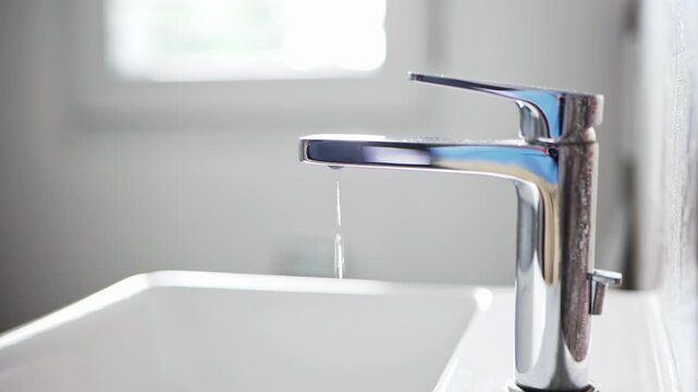 Water droplets dripping slowly from a faucet aerator. Close up footage, shallow depth of field, natural window light, real time, no people