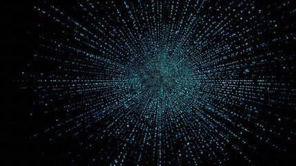 Numerous bright blue digital particles radiate outward from a distant central point in darkness