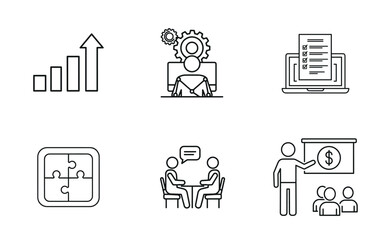 All-in-One Business & Service Vector Icon Set: Growth, Management, 24/7 Support, Quality, and Solutions