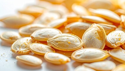 Pumpkin Seeds in Varied Stages Arranged on White Background Symbolizing Culinary Preparation Agricultural Anatomy and Seasonal Detail for Editorial and Educational Use