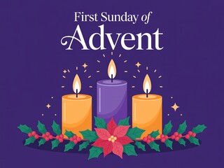 First sunday of advent celebration with three lit candles and festive decorations