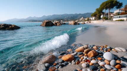 Close Up Of Wet Rocks And Pebbles On A Sandy Beach With Gentle Ocean Waves Under Bright Sunlight