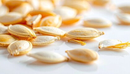 Pumpkin Seeds in Varied Stages Arranged on White Background Symbolizing Culinary Preparation Agricultural Anatomy and Seasonal Detail for Editorial and Educational Use