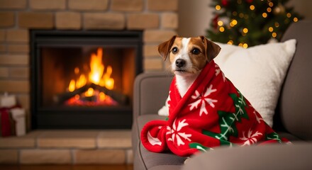 A cute dog wrapped in a festive red Christmas blanket sits on a couch by a warm, cozy fireplace.
