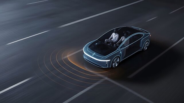 Futuristic autonomous car driving on a dark road with sensor waves