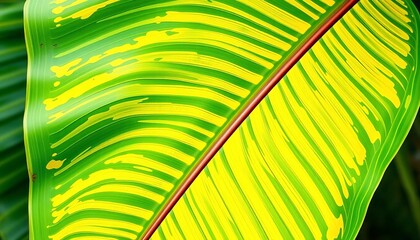 Large vibrant green and yellow variegated banana leaf with prominent veins,  botany,  tropical