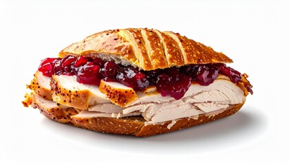 Thanksgiving Sandwich with Roasted Turkey Cranberry Sauce and Parsley Garnish on White Background Symbolizing Seasonal Comfort Holiday Leftovers and Festive Culinary Styling for Editorial and Lifestyl