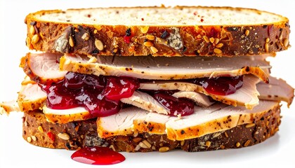 Thanksgiving Sandwich with Roasted Turkey Cranberry Sauce and Parsley Garnish on White Background Symbolizing Seasonal Comfort Holiday Leftovers and Festive Culinary Styling for Editorial and Lifestyl