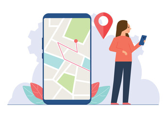 Young female character using her phone to navigate with a map app and location pin, showcasing modern travel and technology. Mobile GPS tracking concept