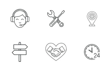 6 Customer Service & Support Line Icons: Essential Vector Set for 24/7 Help, Online Assistance, Technical Tools, and Business Partnership Websites