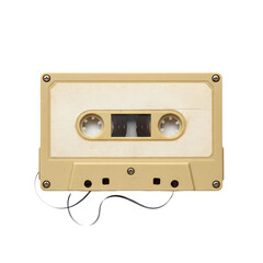 Old vintage beige cassette tape with pulled out film