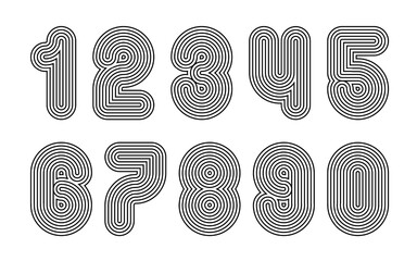 Line number logo type. Vector funky anniversary design. Striped digital graphic font. Retro sport artistic typography. Round old character alphabet. Poster decorative digits, outline circle shapes