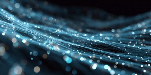 Glowing blue abstract lines and points form a dynamic wave pattern against a dark background