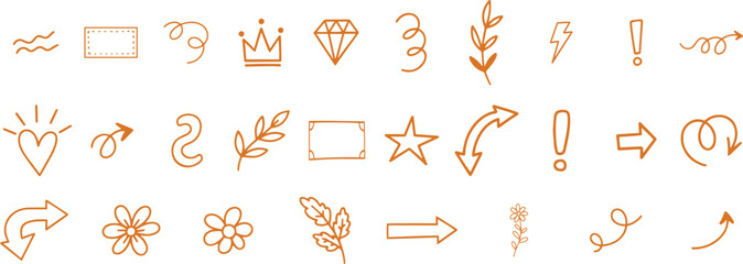 Collection of hand drawn golden doodle icons and symbols, including hearts, crowns, diamonds, stars, arrows, flowers, leaves, and abstract shapes, isolated on a transparent background