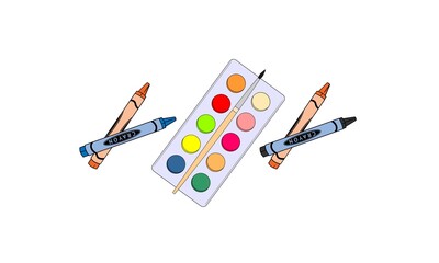 Trendy Watercolor Paint Palette and Crayons on White Background Illustration Vector  300 DPI. Colorful watercolor palette with crayons, perfect for kids art, school graphics, and creative designs.