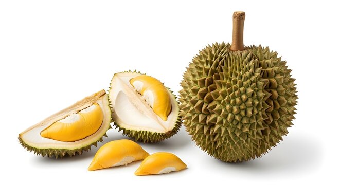 Freshly cut durian fruit with vibrant yellow flesh exposed, showcasing its unique thorny exterior against a white background - Powered by Adobe