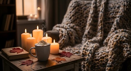 Cozy autumn evening scene with a warm drink, glowing candles, a book, and a chunky knit blanket on a chair.