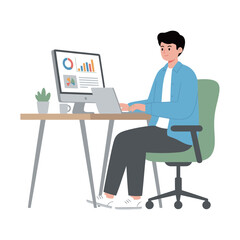 Young Man Working Remotely on Computer at Modern Office Desk Illustration