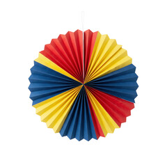 Red, yellow, and blue paper fan party decoration hanging