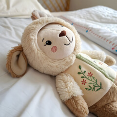 close up of stuffed toy on bed