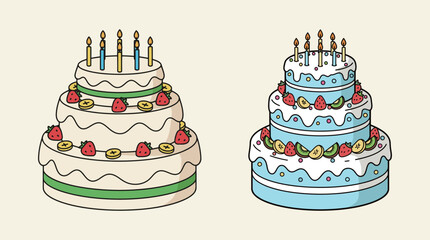 Two Tiered Birthday Cakes with Candles, Cream, and Fruit Toppings Illustration