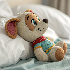 close up of stuffed toy on bed