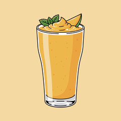 Refreshing Mango Smoothie or Lassi Drink in a Glass with Mint and Mango Slice Vector Illustration