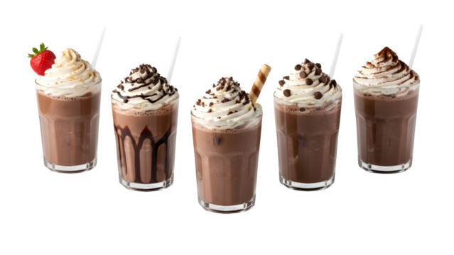 Set of various milkshake isolated on transparent background, food drink and dessert concept for cafe, Healthy smoothies on white isolated on clear png background
