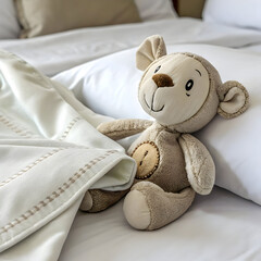 close up of stuffed toy on bed