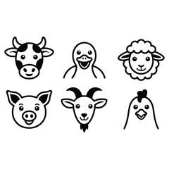 Fototapeta premium Collection of six farm animal head icons simple black and white icons for rustic farm life and countryside themes