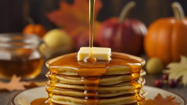 Ultra HD macro footage of maple syrup dripping slowly over stack of pancakes with butter melting and autumn decor in background symbolizing Thanksgiving breakfast comfort and warmth perfect for food a