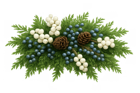 Christmas garland decoration featuring pinecones, snow berries, blue juniper berries, and evergreen foliage. Transparent background