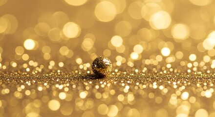 A single dark glitter sphere rests on a shimmering surface of golden glitter with a beautiful bokeh background.