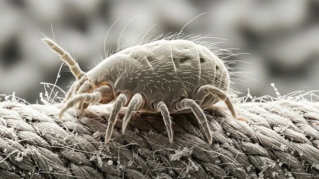 Microscopic dust mites revealed in extreme close-up, dwelling in carpets and fabrics.