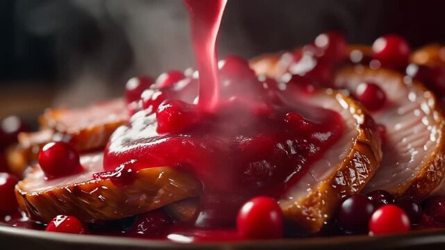Ultra realistic macro footage of cranberry sauce being poured over turkey slices with glossy texture vibrant red color and appetizing steam perfect for food branding recipe content and holiday commerc