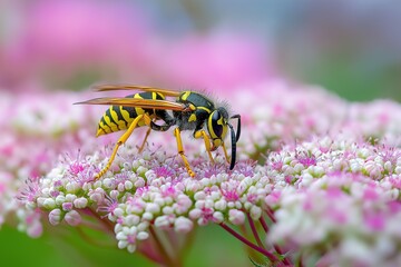 Detailed striped wasp resting on pink cottage garden flowers in the English countryside, with blurred greenery emphasizing depth and tranquility, suited for wildlife imagery or educational media.