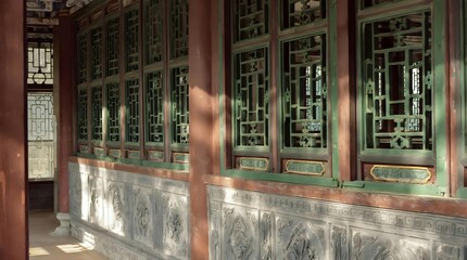 Chinese style ancient building with green windows and red columns
