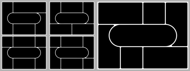 Brutalist background bento box grid. Photo post template layout. Presentation slide moodboard design. Brochure collage rectangular style gallery. Round shape modular mosaic hierarchy. Comic poster y2k
