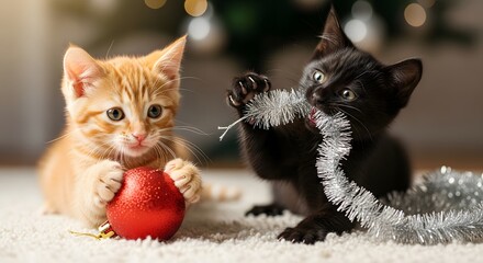 An adorable ginger kitten and a black kitten playing together with a red bauble and silver tinsel during Christmas.
