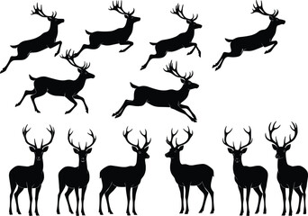 Deer silhouette vector illustration, wildlife animal artwork, forest nature design, majestic stag drawing, leaping reindeer graphic, cad drawing flat vector illustration