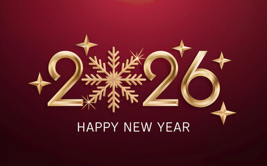 Elegant Happy New Year 2026 Greeting with Gold Snowflake on Red Background